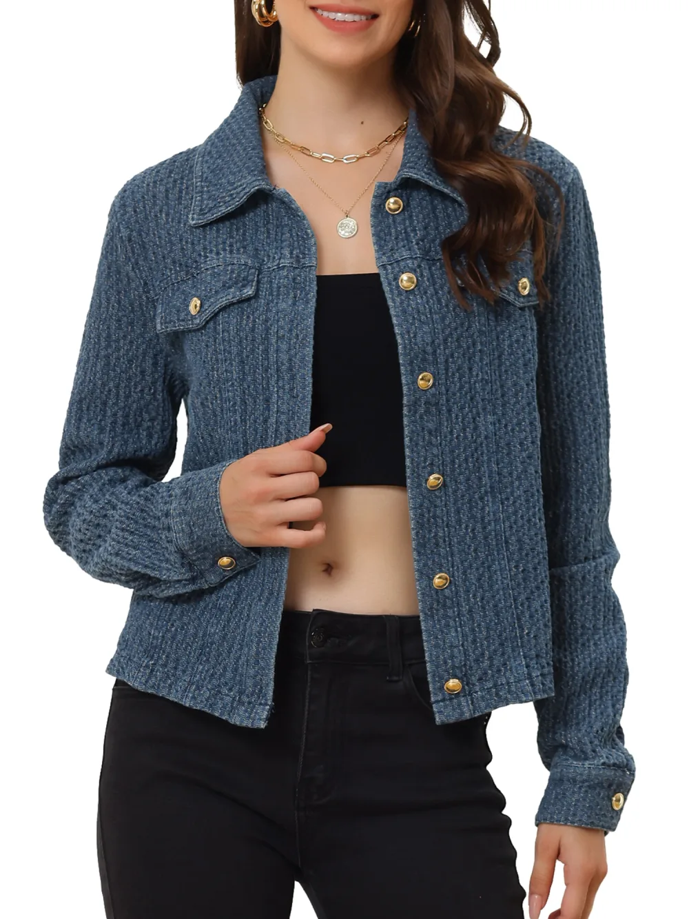 Allegra K- Collared Texture Washed Jean Jackets