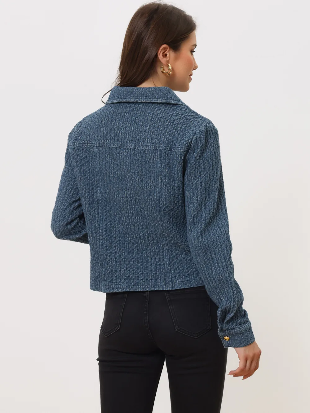 Allegra K- Collared Texture Washed Jean Jackets