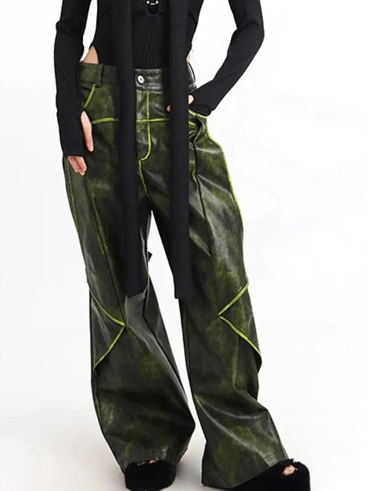 Colorblock Casual Loose Leather Pants For Women High Waist Spliced Button Temperament Wide Leg Pant Female Fashion