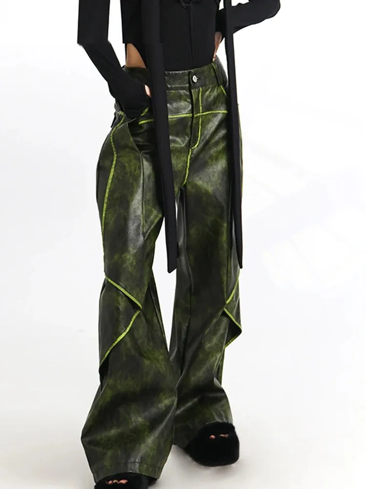 Colorblock Casual Loose Leather Pants For Women High Waist Spliced Button Temperament Wide Leg Pant Female Fashion