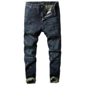 Men's Winter Leisure Solid Mid-Waist Distressed Denim Skinny Pants