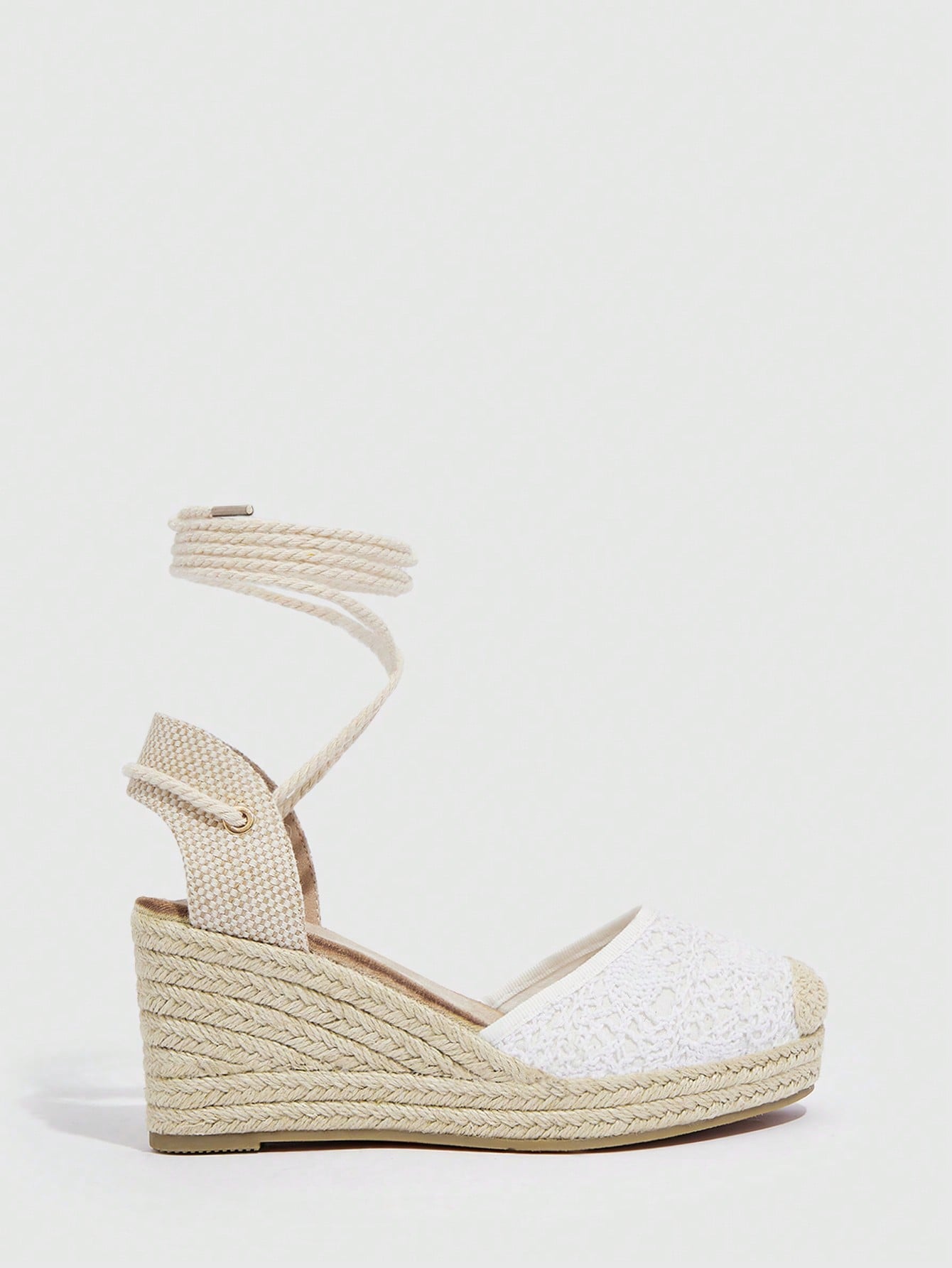 Women Braided Design Ankle Strap Court Wedges, Vacation White Shoes