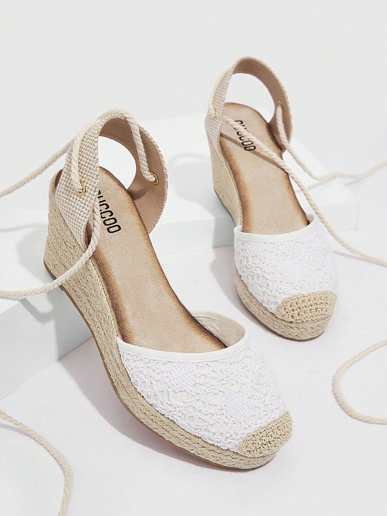 Women Braided Design Ankle Strap Court Wedges, Vacation White Shoes