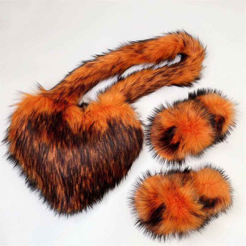 Women Fashion Furry Set Furry Slipper And Purse -Women Heart Bag Keep Warm Shoes