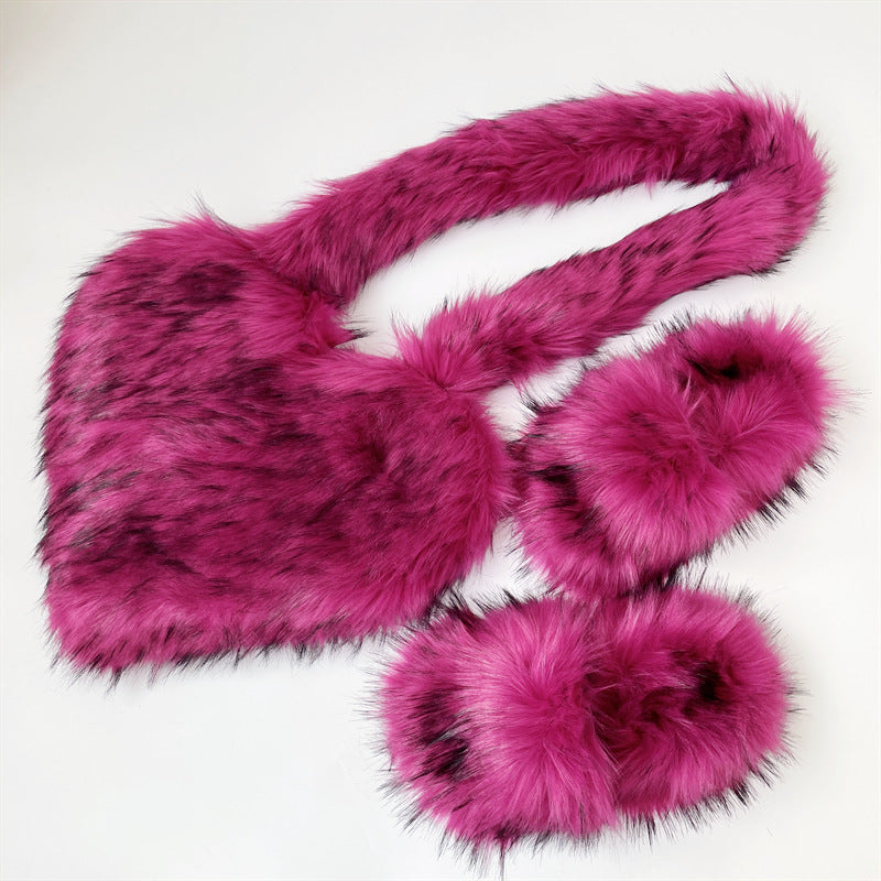 Women Fashion Furry Set Furry Slipper And Purse -Women Heart Bag Keep Warm Shoes