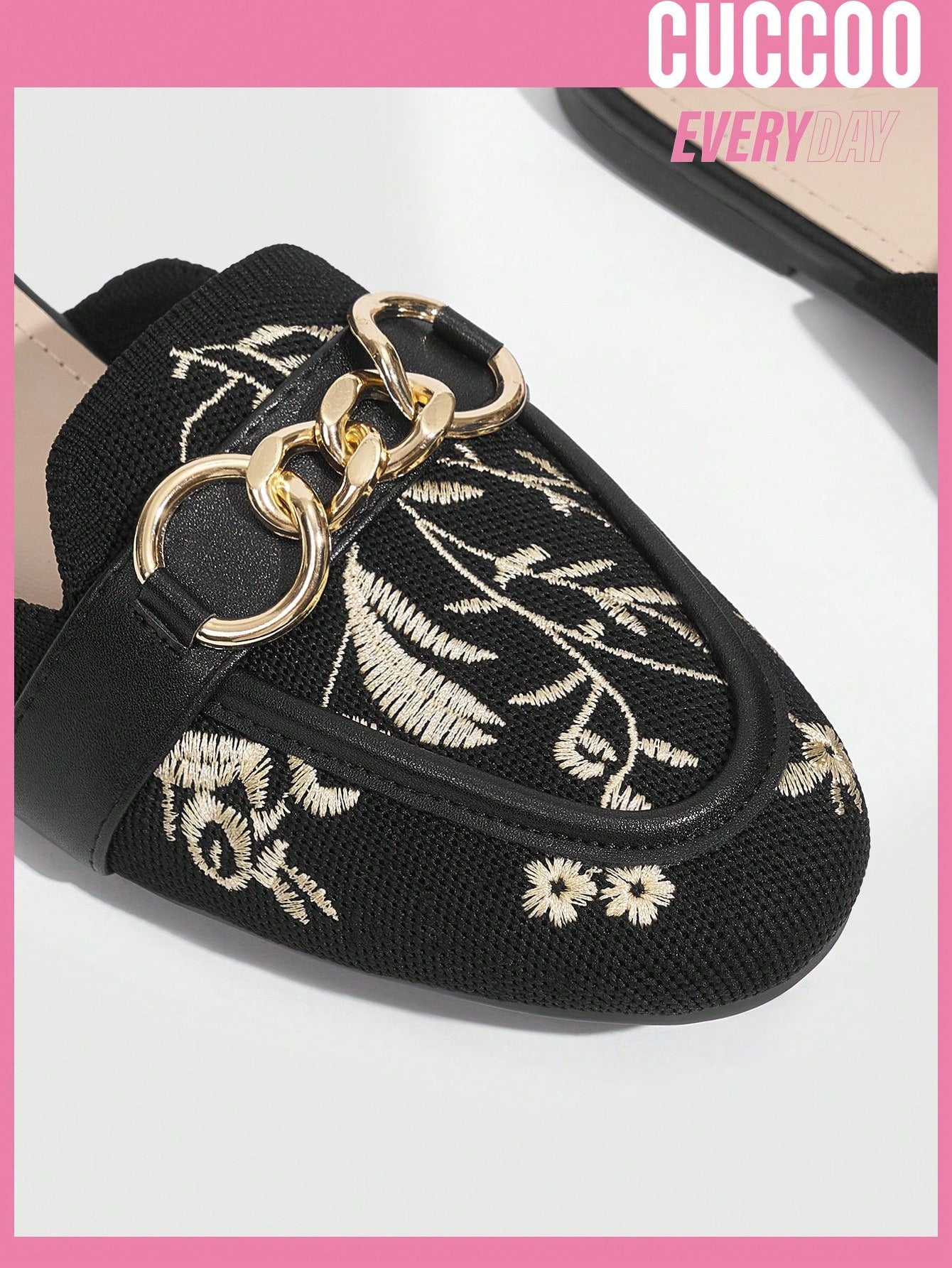 Women's Black Embroidered Comfortable Flat Mules In Wide Fit Plus Size