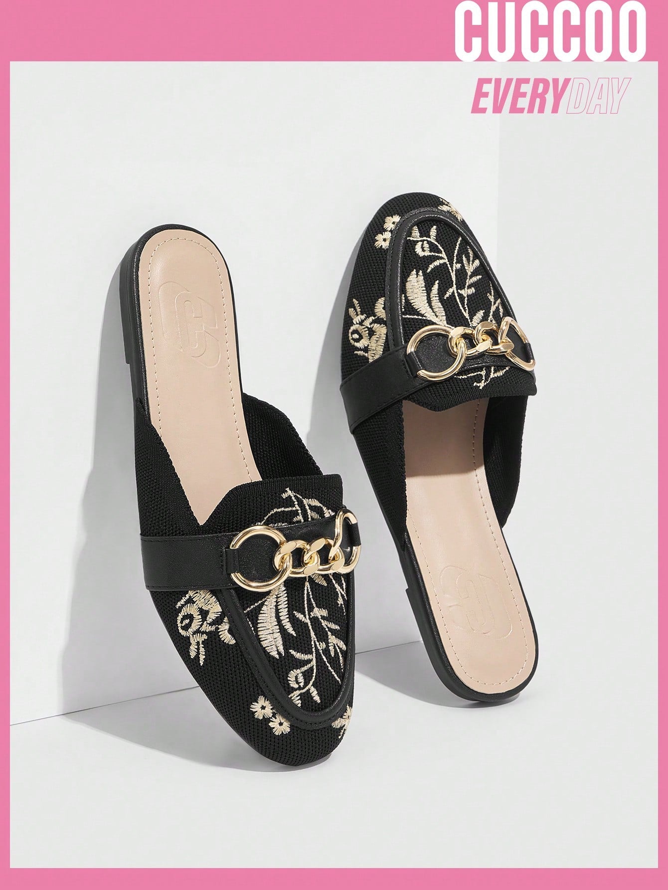 Women's Black Embroidered Comfortable Flat Mules In Wide Fit Plus Size