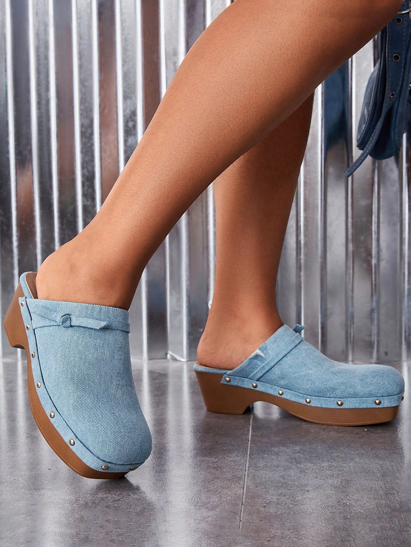 Women's Shoes Fashionable Square Toe Thick Sole Denim Blue Wedges