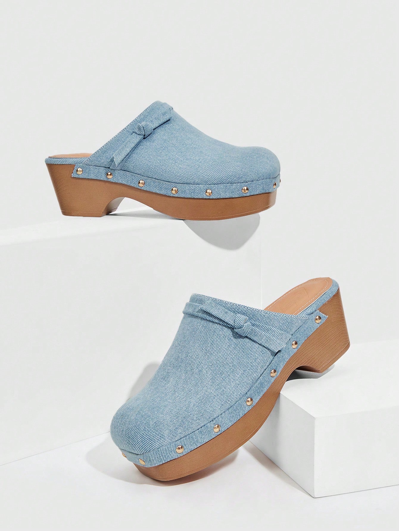 Women's Shoes Fashionable Square Toe Thick Sole Denim Blue Wedges